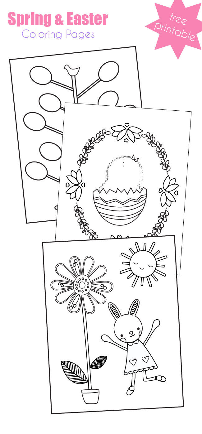 Free Printable Spring or Easter Coloring Pages: Egg Tree, Spring Chick, and Happy Bunny
